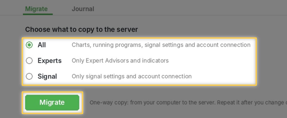 Migrate options All, Experts and Signal with the Migrate button highlighted