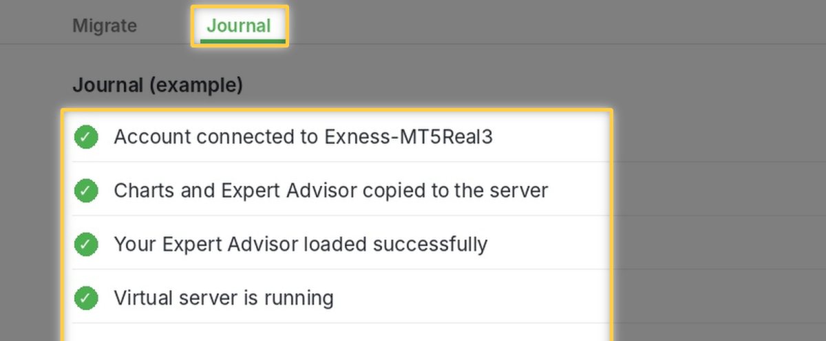 Journal tab showing the account connected and the EA loaded